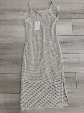 Cream crochet Knit Midi Dress with Side Slit - NWT